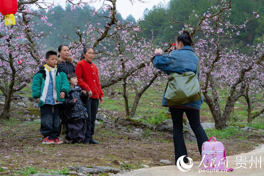 游客在桃花林里拍照留念。人民網(wǎng) 陽茜攝